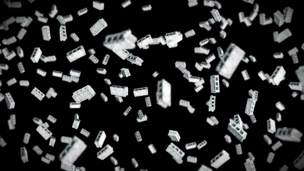 검은 바탕에 많은 콘크리트 벽돌을 날아. 소형 모델, 시멘트, 건설, 회색 블록의 3d 애니메이션 회전, 루프 애니메이션.