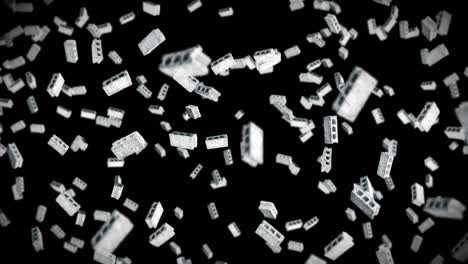 flying many concrete bricks on black background. miniature model, cement, construction. 3d animation of gray blocks rotating. loop animation.