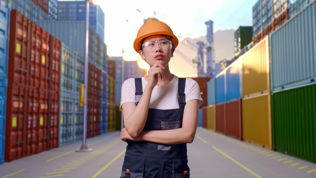 Asian Woman Worker Wearing Goggles And Safety Helmet Thinking And Looking Around Then Raising Her Index Finger While Standing At Container Yard Warehouse