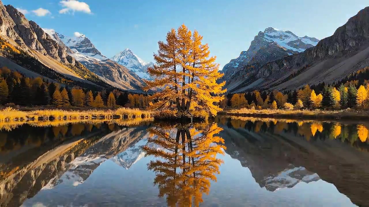 Golden autumn trees reflecting in a calm mountain lake