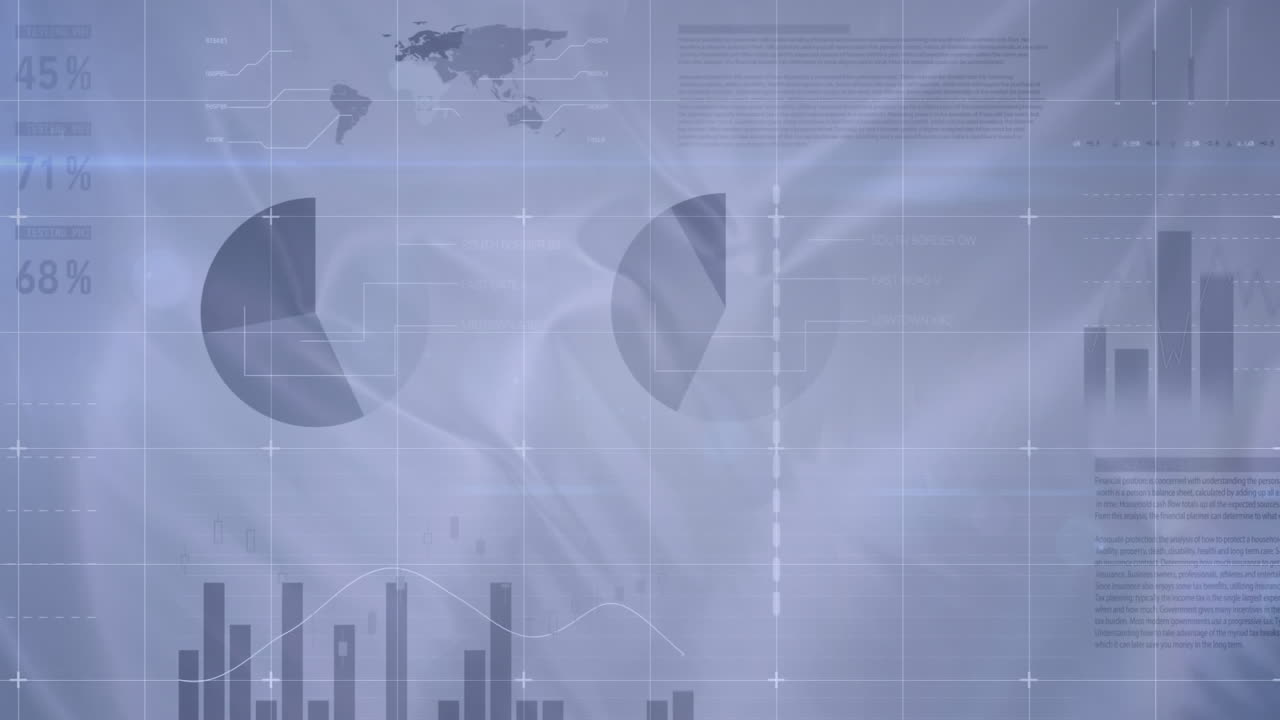 Animation of statistical and stock market data processing against textured effect on grey background