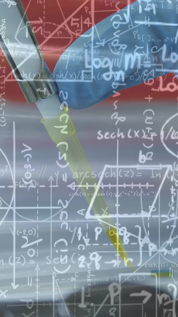 Video vertikal: Tangan bersarung tangan mendekat, menjatuhkan tetesan, menunjukkan transfer di bawah overlay matematika.