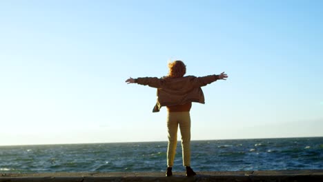 woman standing with arms outstretched in the beach 4k