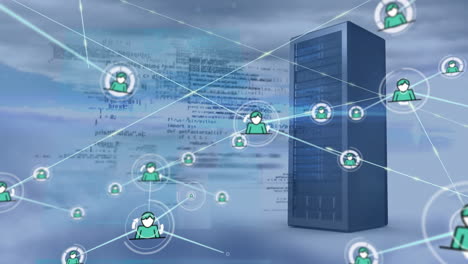 Animation of network of profile icons and data processing over computer server and clouds in the sky
