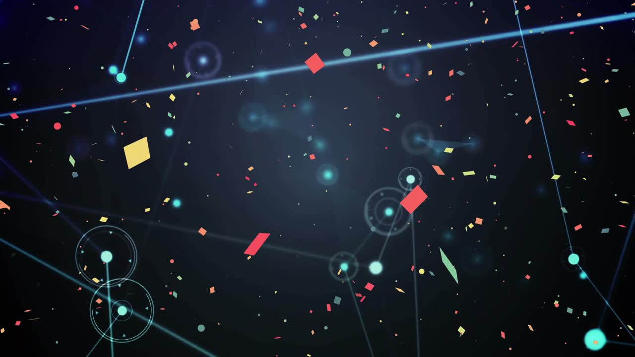 Teal nodes forming network, pulsing lines guiding confetti, camera drifting toward central node