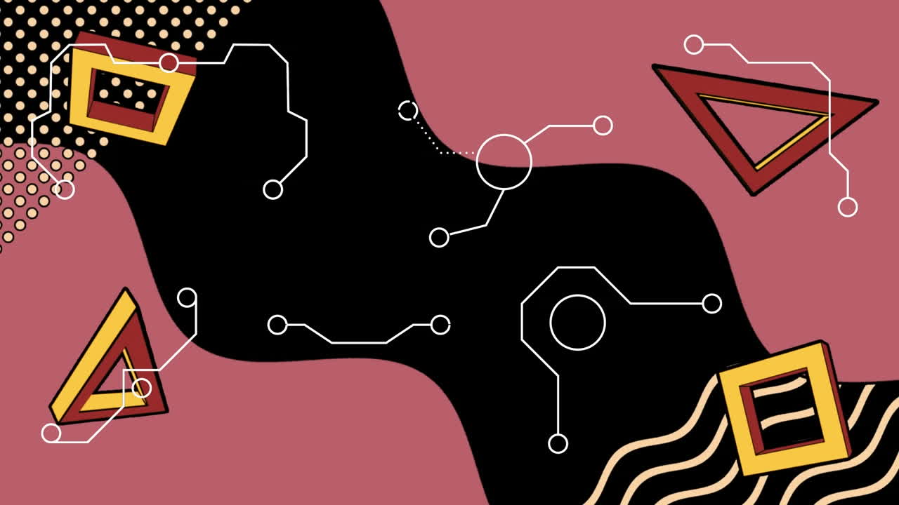 회전하는 삼각형, 분홍색 경계 및 검은색 그래픽 요소 위에  ⁇ 색 연결의 애니메이션