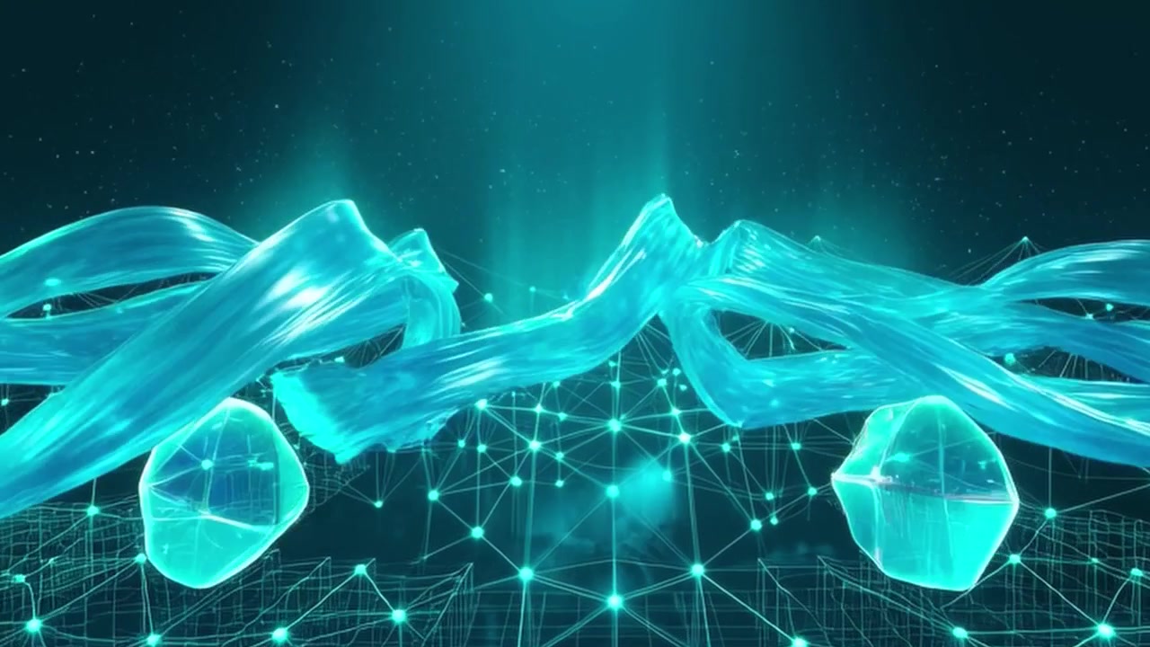 Abstract Digital Animation of Flowing Blue Ribbons and Geometric Nodes