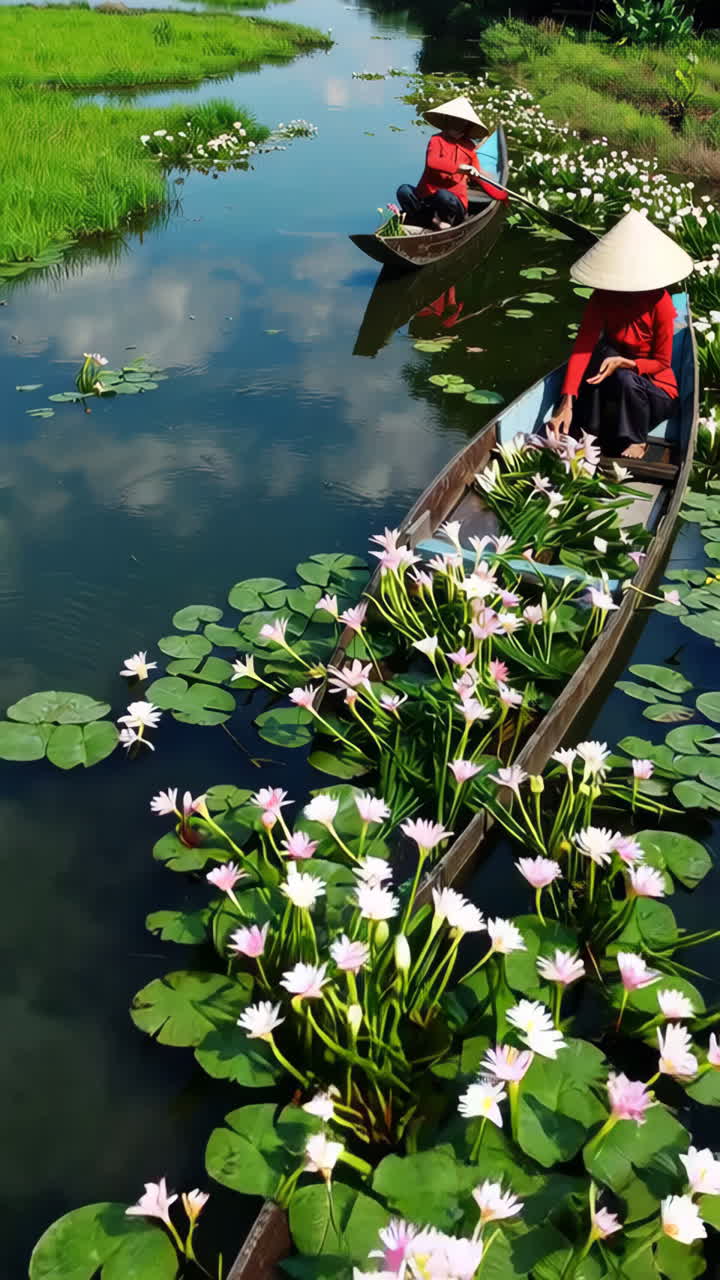 People in traditional boats gathering water lilies on a calm lake