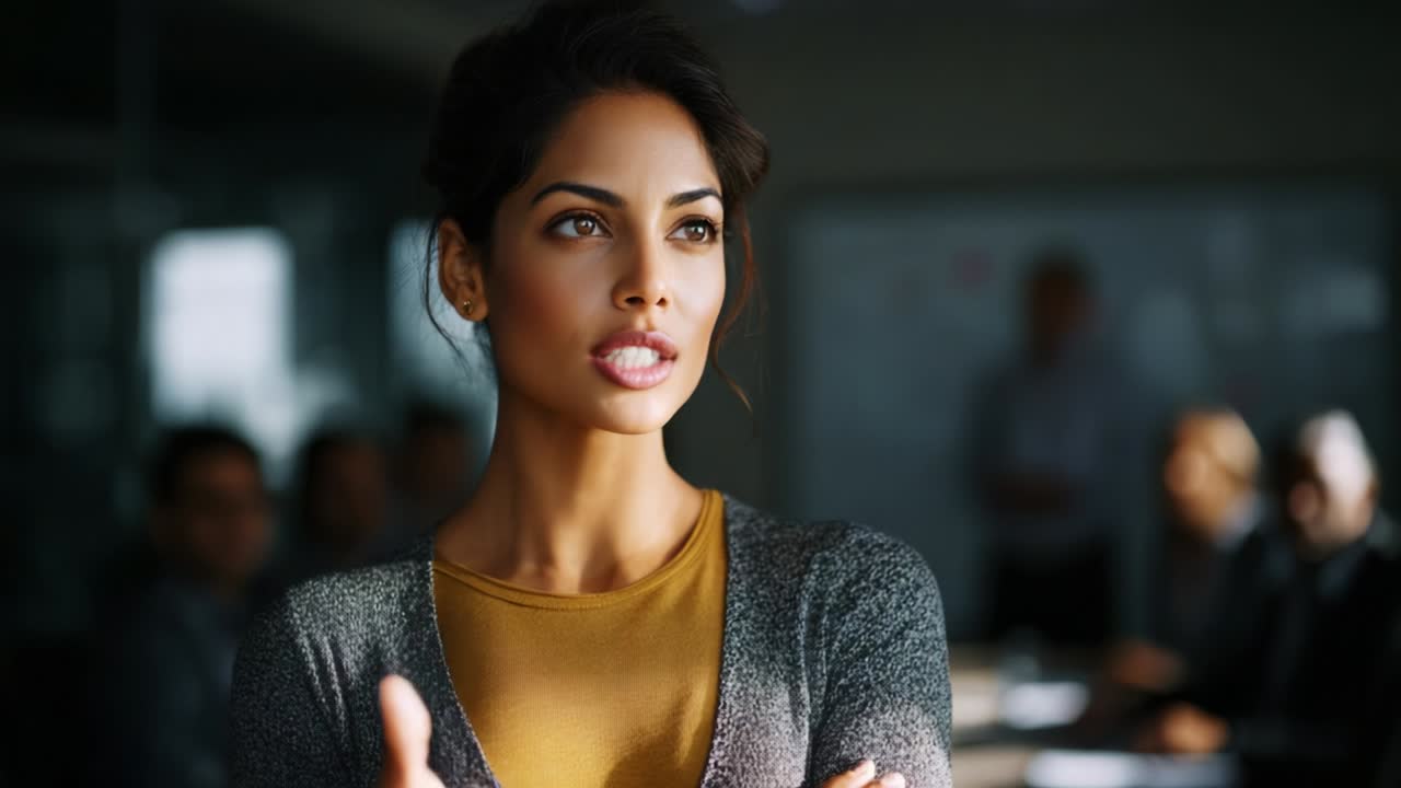 A confident and engaged woman leads a discussion in a professional setting, showcasing her active participation and insightful contributions as she communicates effectively with her audience