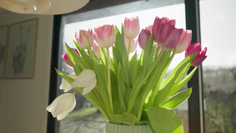 fresh tulips in vase with natural light in sunlit living room