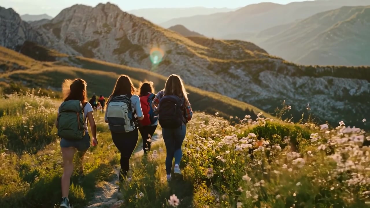 Gruppo di amici in escursione su un sentiero di montagna al tramonto