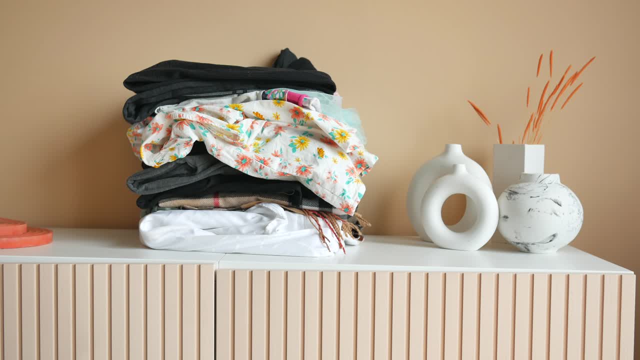 Stack of Folded Clothes on a White Dresser