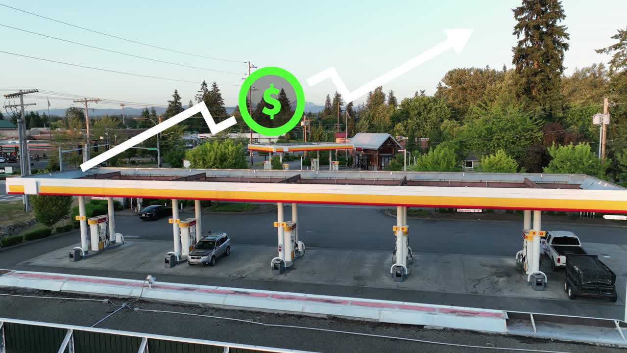 인플레이션으로 인해 어려움을 겪고 있는 주유소 위에 떠다니는 애니메이션