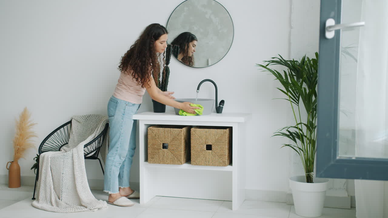 Woman Cleaning a Bathroom Sink