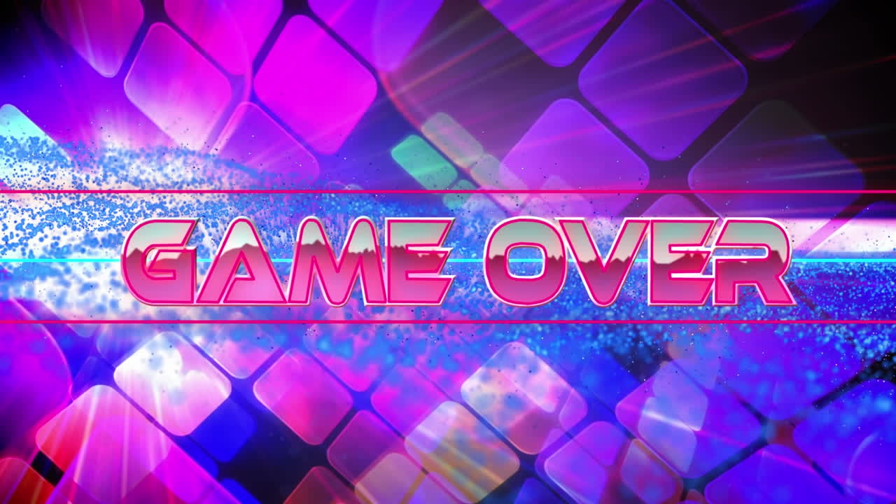 라이트 스과 보라색 사각형 모양에 대항하여 텍스트 배너를 통해 디지털 파동을 통해 게임의 애니메이션