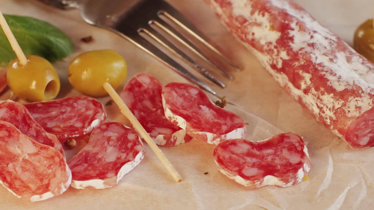 Mix of spanish pork sausages, Cutting board of appetizing catalonian snack - fuet, jamon, chorizo, olives, supermarket tapas food in spain, traditional cuisine.