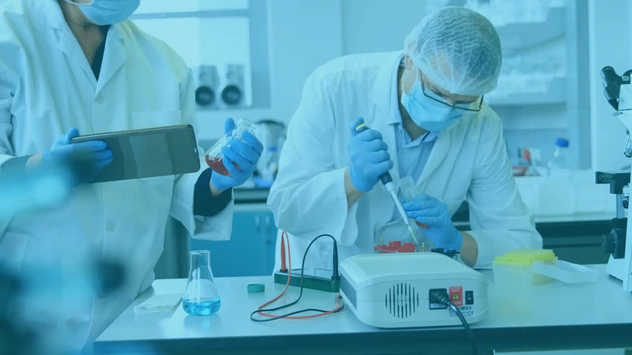 Lab techs pipetting on bench tablet alert appearing and HUD overlaying bench intensifying for prep