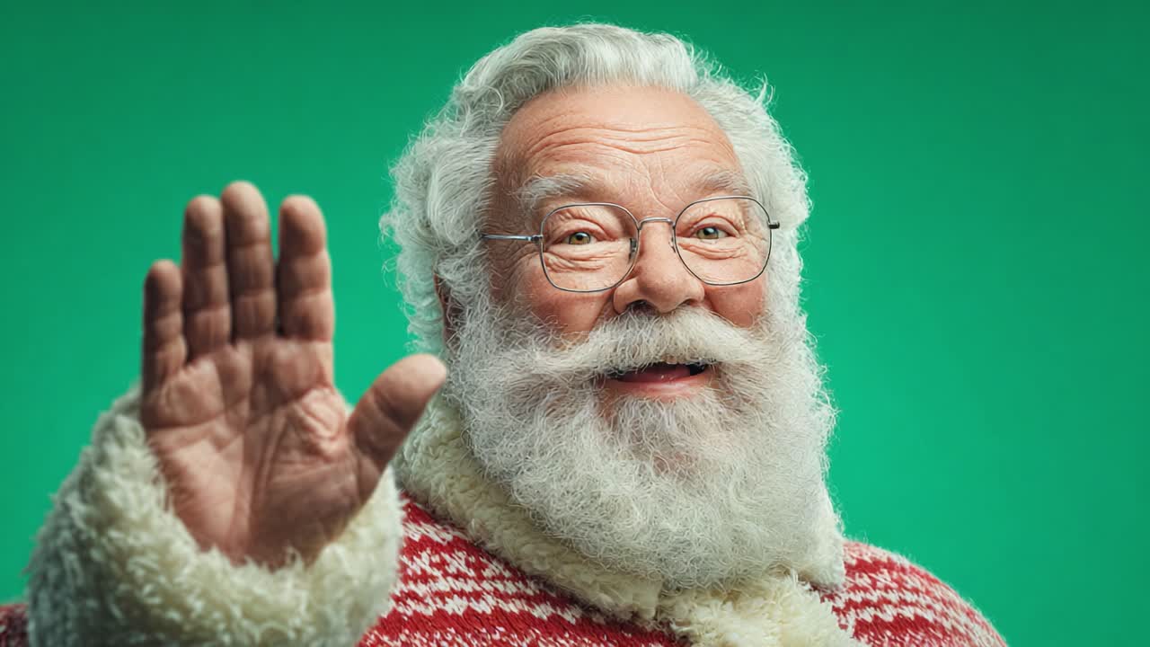 Cheerful Holiday Figure Greeting with a Friendly Wave, Emphasizing Joy and Festivity with a Warm Smile Against a Vibrant Green Background