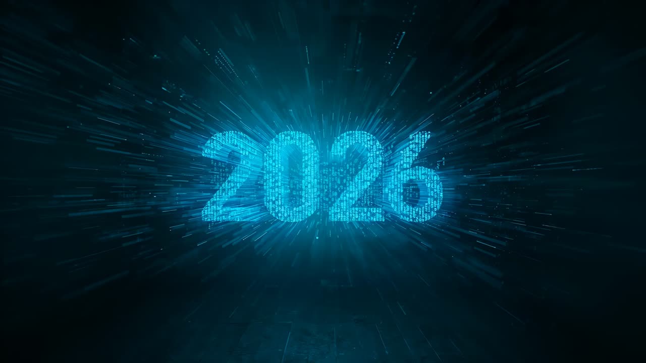 Startend matrixpatroon, holo 2026 vormt zich voor jaaronthulling, gloeiend in technische leegte met radiale sporen