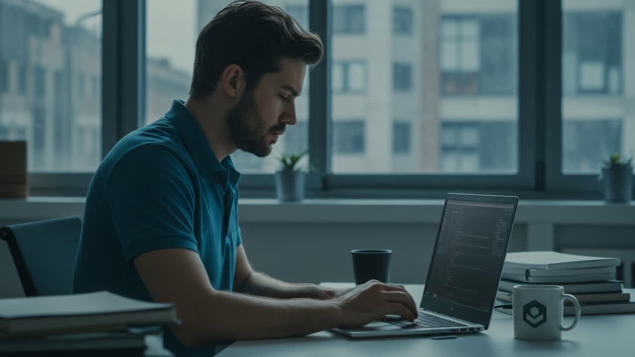 Focused Individual Engaged in Coding at a Stylish Workspace with a Laptop, Notebooks, and Coffee Amidst Modern Office Settings