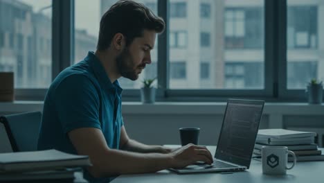 focused individual engaged in coding at a stylish workspace with a laptop, notebooks, and coffee amidst modern office settings