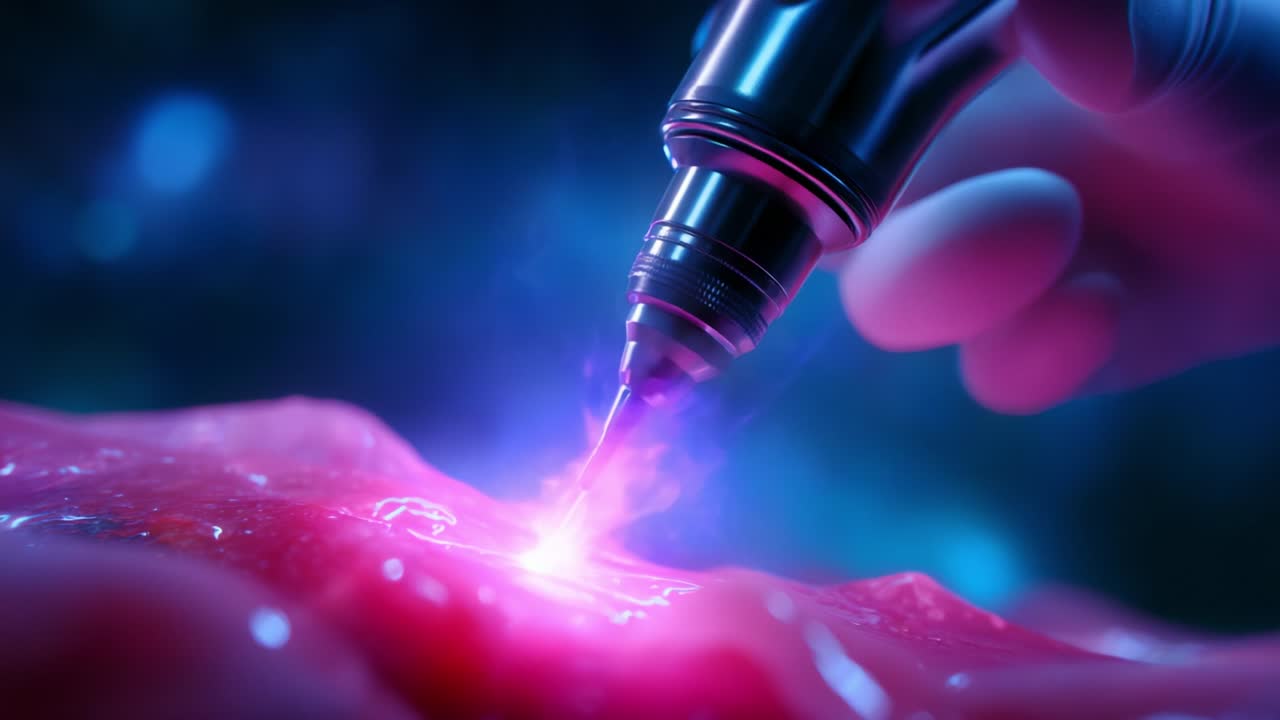 A captivating glimpse into the advanced technology of skin treatment, highlighting a precision tool artisanal tattooing process with vibrant light effects, focused on beauty through artistic expression