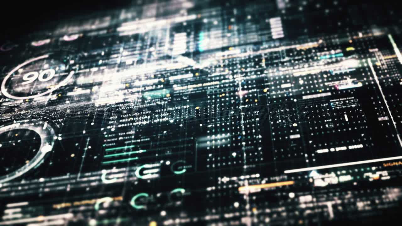 Advance data matrix, telemetry and encrypt numbers simulation user interface display in cyber space abstract de-focus environment background