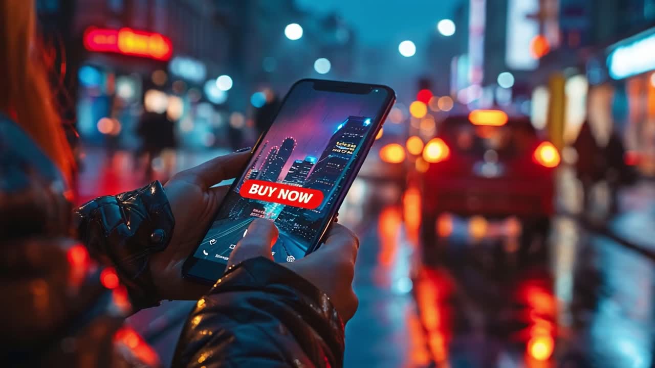 Person using a smartphone with a 'Buy Now' button in a vibrant city at night