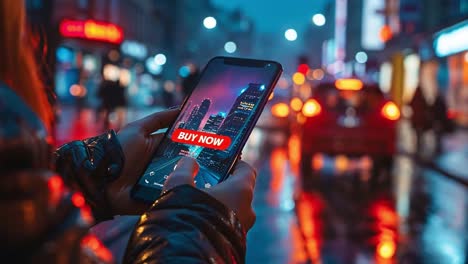 person using a smartphone with a 'buy now' button in a vibrant city at night
