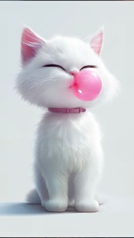 white beautiful cat blows a pink bubble of chewing gum