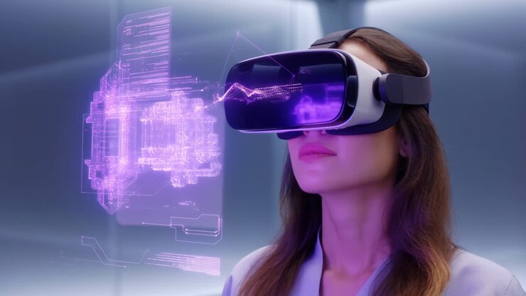 Donna che sperimenta la realtà virtuale con un'interfaccia olografica