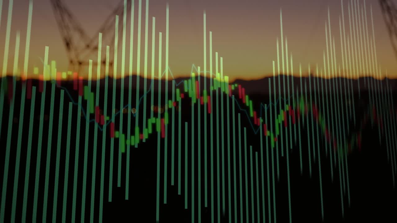 Sunset gradient starting overlay animating bars, candles and line over pylon, showing grid trends