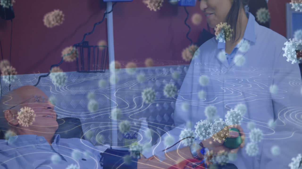 환자와 함께 두 인종의 여성 과학자에 대한 바이러스 세포의 애니메이션