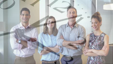 animation of clock moving over diverse colleagues smiling