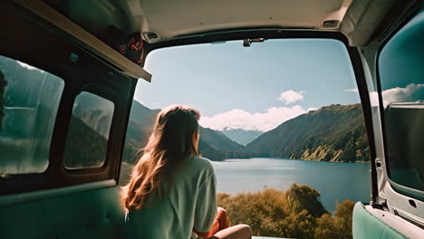woman observing the serene lake scene from the back of a van