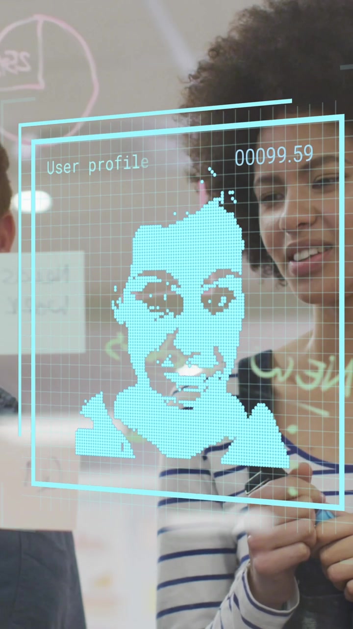 Animation of people icons over diverse business people in office