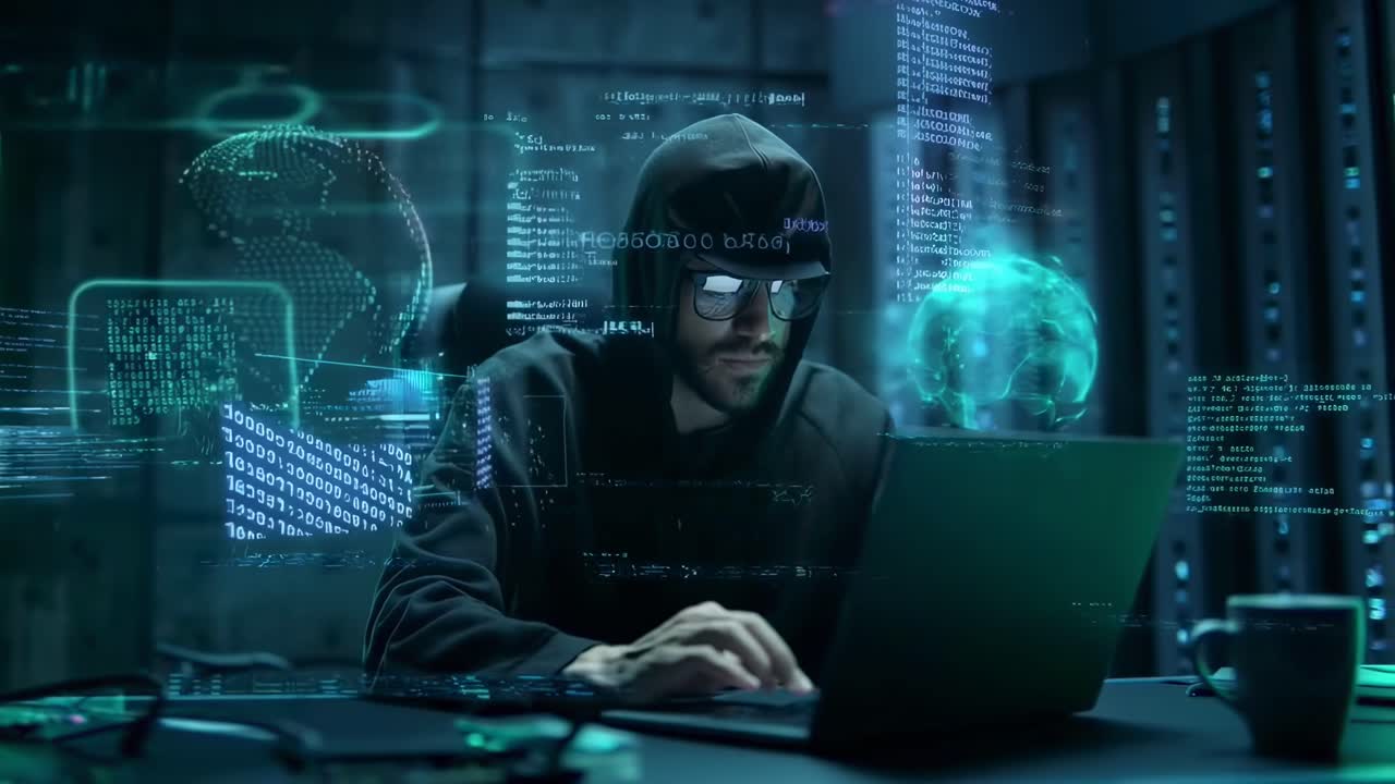 Low-angle video of a hacker in a dark room, surrounded by digital code and screens