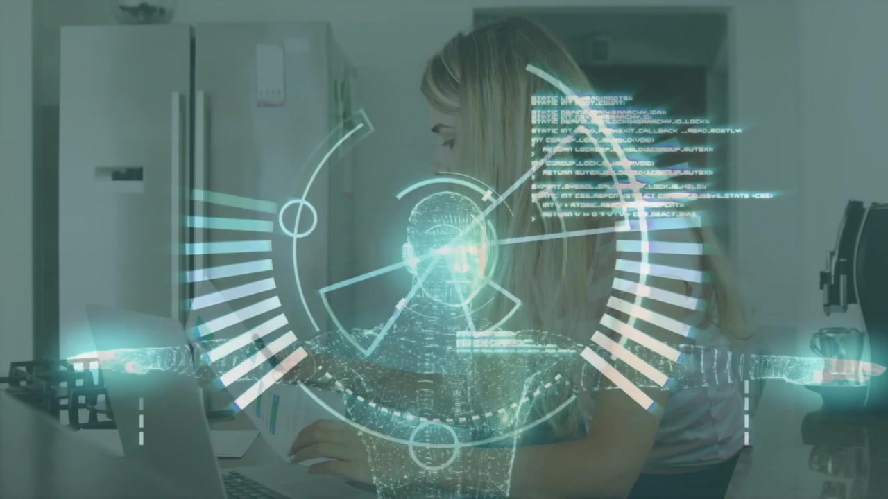 Remote worker glancing left, summoning tech hologram for data scanning phone and closing interface