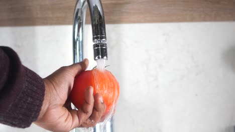 person washing a tomato in the sink