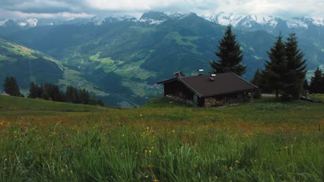 aerial drone along a cottage lodge cabin and trees in nature at scenic zillertal skiing sport hiking and trekking vacation mountain valley in the austrian bavarian alps on a sunny lush summer day