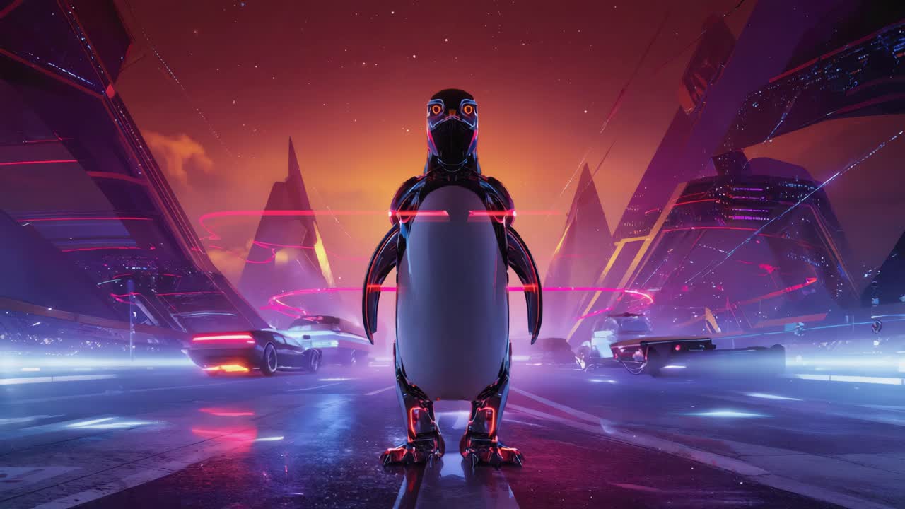 Futuristic Robot Penguin in Neon City