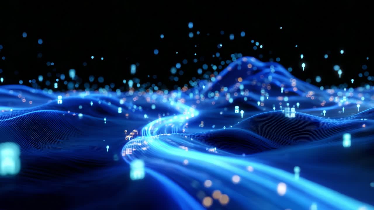 A mesmerizing digital landscape showcasing a flowing river of blue light particles over undulating terrain, illustrating the ethereal beauty of data visualization in a cybernetic environment