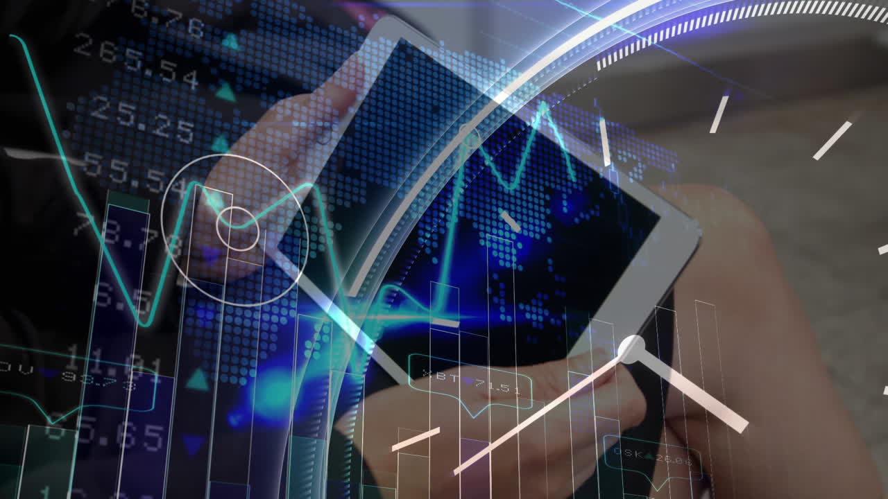 Financial data processing against mid section of woman using digital tablet