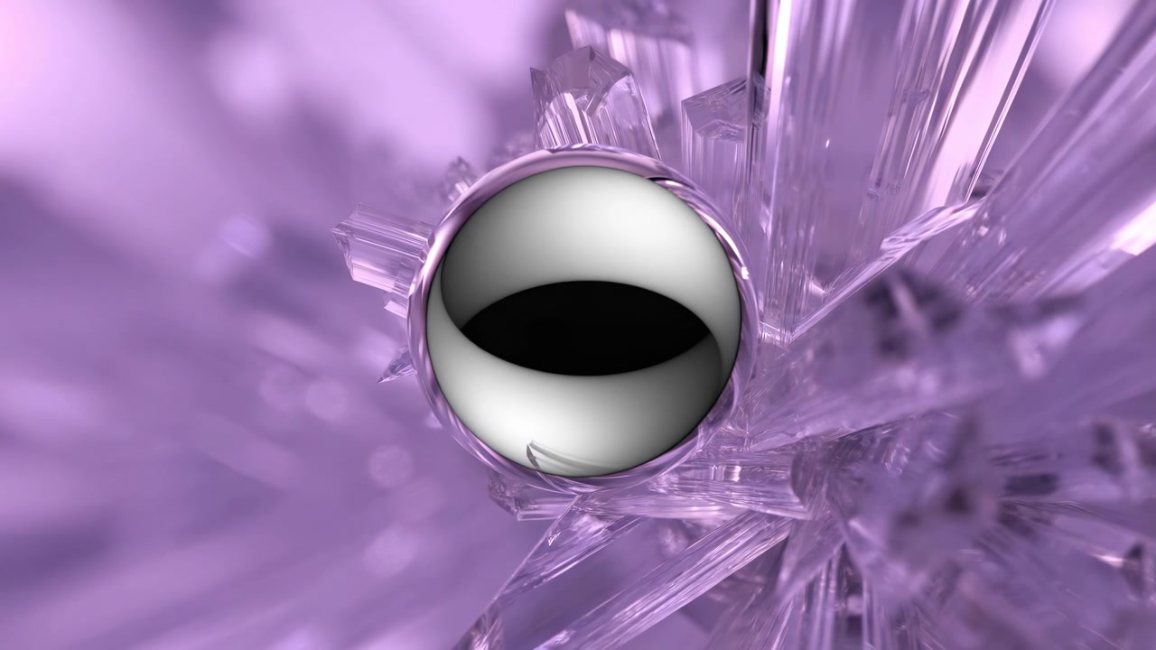 Scena ravvicinata che mostra una sfera cromata riflettente posizionata all'interno di un anello color oro caldo e incastonata tra frammenti radiali di cristallo trasparente, con superfici metalliche lucide, contrasto vivido e di alta qualità.