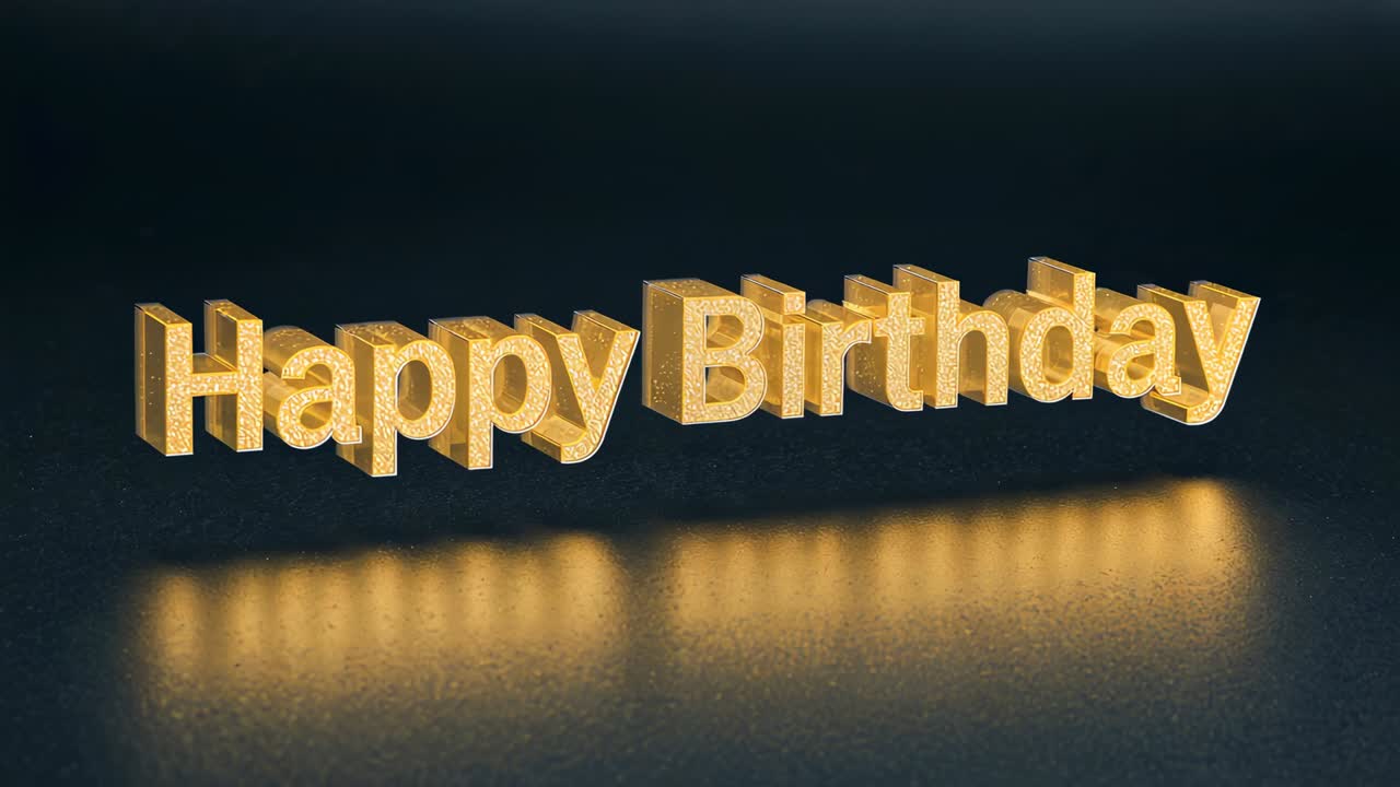 Animating gold 3D Happy Birthday text moving forward, glowing, centering phrase on reflective floor