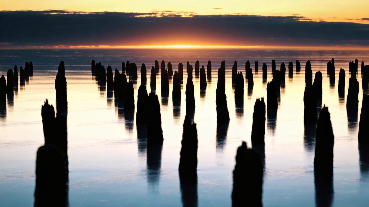 Alba che illumina una sottile fascia all'orizzonte, pali di legno che si ergono nell'estuario proiettando riflessi