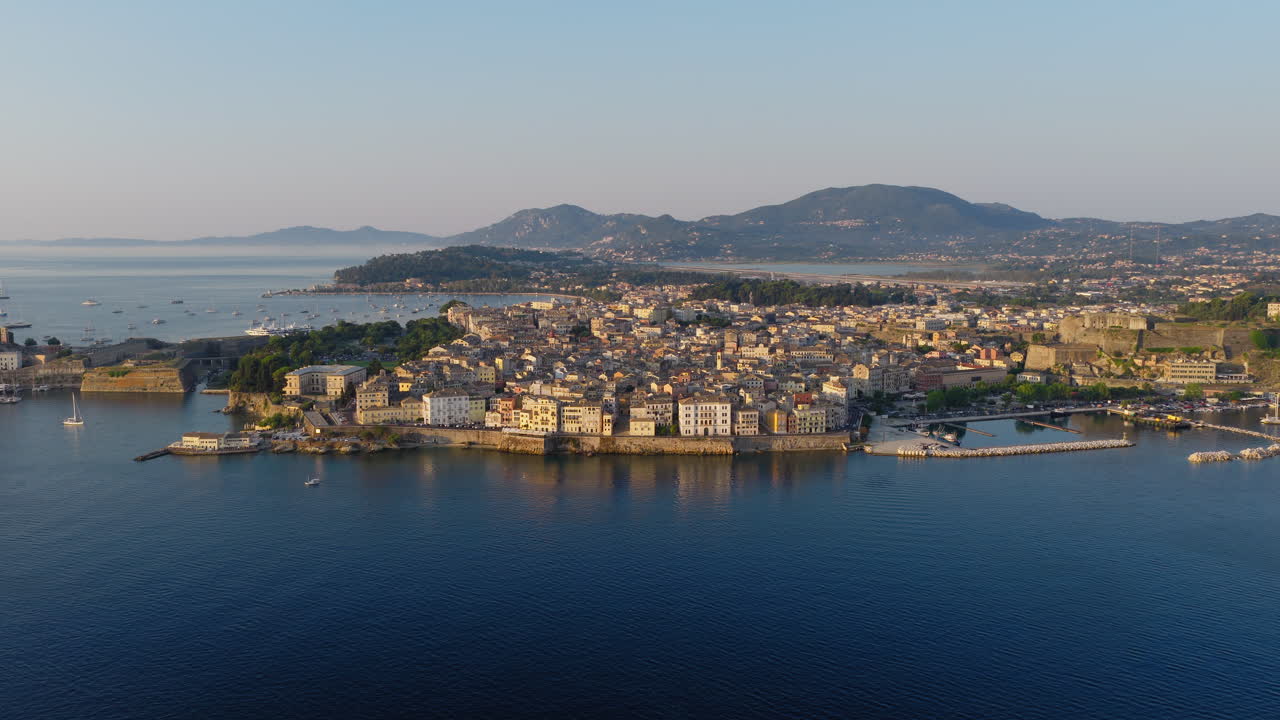 Golden sunrise over Corfu Old Town, Greece, cultural elegance and premium travel, Aerial view