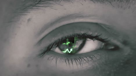 close up footage of a green eye what has a reflection in it of stocks going up with an arrow going in an upward direction