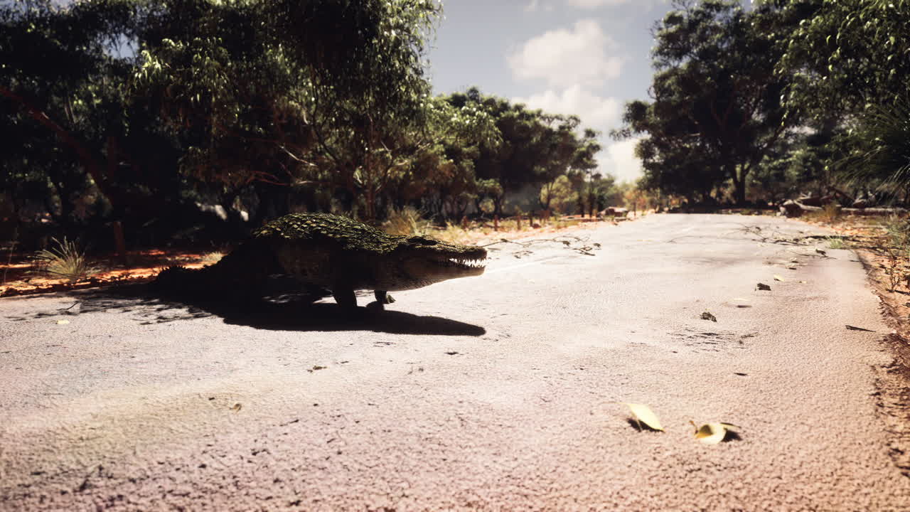 Crocodile crossing a deserted road surrounded by trees in bright daylight