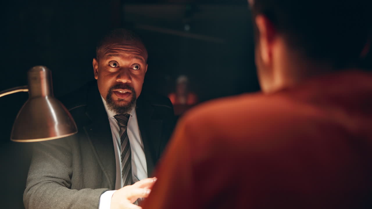 Interrogation scene with detective questioning suspect